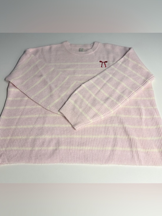 a new day Sweaters - a new day Light Pink and Cream Striped Crewneck Sweater with Red Bow